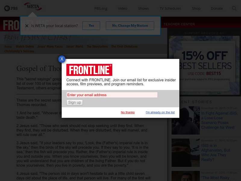 Pbs Frontline: The Gospel of Thomas Primary Pbs Frontline: The Gospel of Thomas Primary