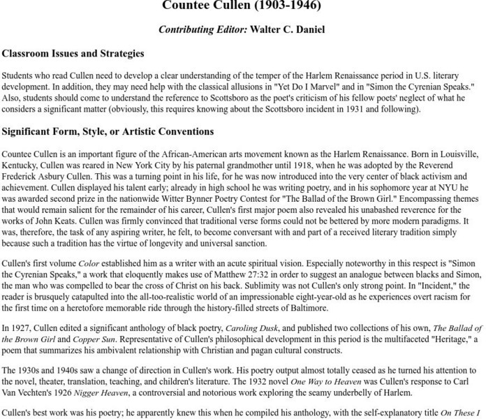 Georgetown University: Countee Cullen (1903 1946) Unit Plan Georgetown University: Countee Cullen (1903 1946) Unit Plan