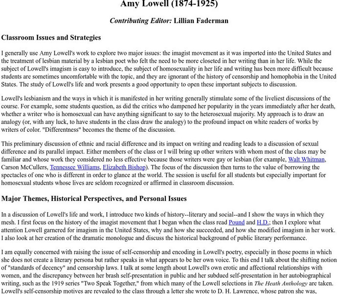 Georgetown University: Amy Lowell (1874 1925) Unit Plan