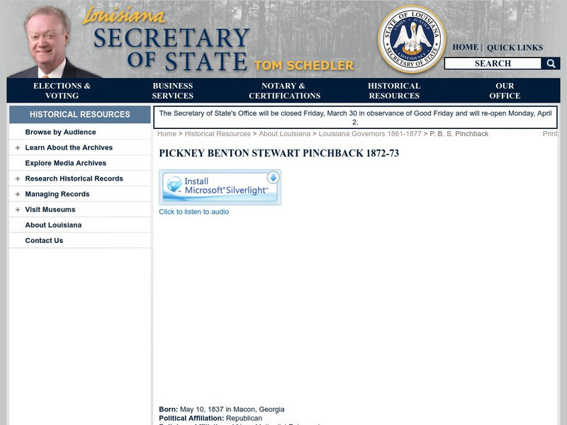 Louisiana Secretary of State: p.b.s. Pinchback Handout Louisiana Secretary of State: p.b.s. Pinchback Handout
