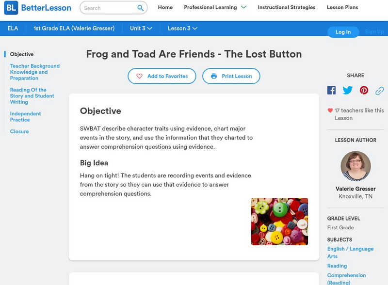 Better Lesson: Frog and Toad Are Friends the Lost Button Lesson Plan Better Lesson: Frog and Toad Are Friends the Lost Button Lesson Plan