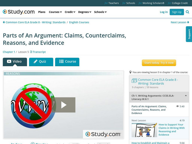 Study.com: Parts of an Argument: Claims, Counterclaims, Reasons, and Evidence Lesson Plan Study.com: Parts of an Argument: Claims, Counterclaims, Reasons, and Evidence Lesson Plan