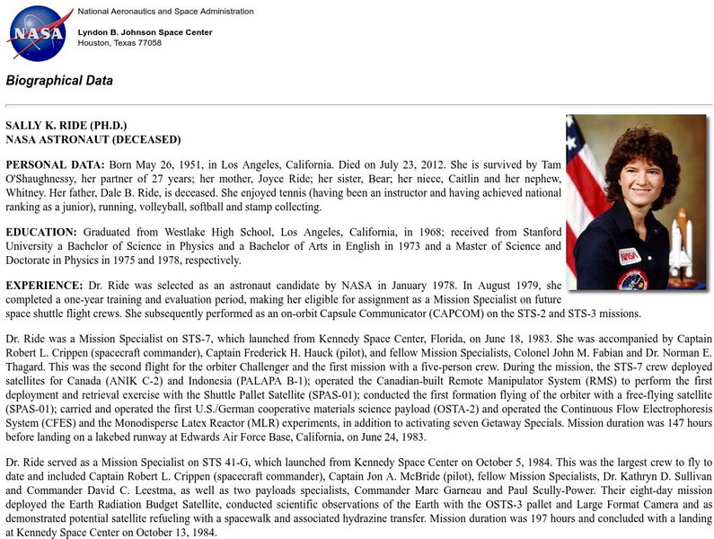 Nasa: Astronaut Biography: Sally K. Ride Handout Nasa: Astronaut Biography: Sally K. Ride Handout