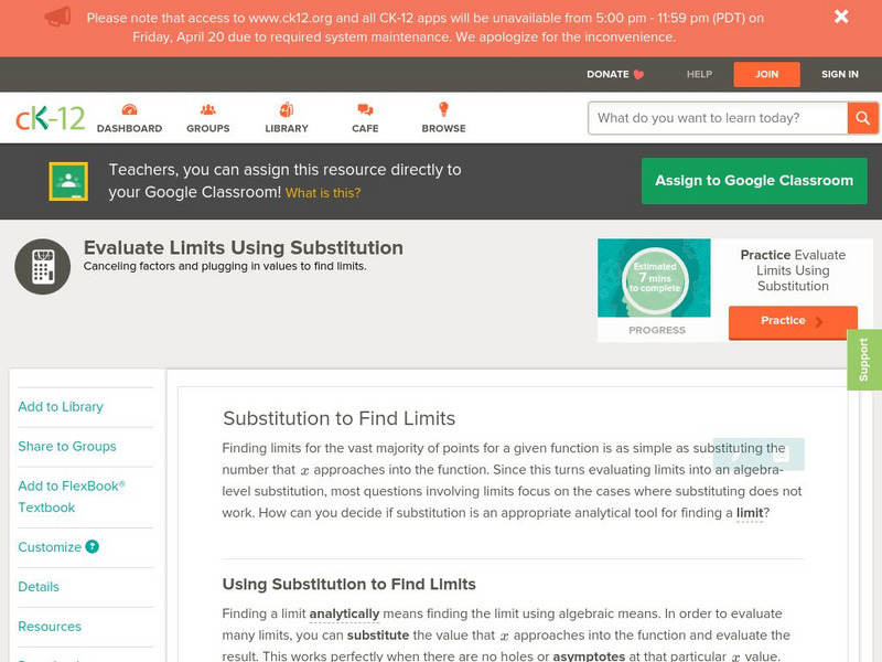 Ck 12: Evaluate Limits Using Substitution Unit Plan Ck 12: Evaluate Limits Using Substitution Unit Plan