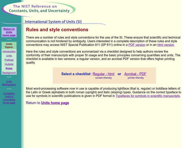 Nist: Rules & Style Conventions for International System of Units (Si) Handout Nist: Rules & Style Conventions for International System of Units (Si) Handout