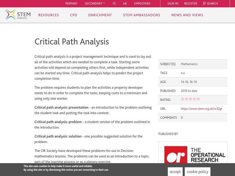 Stem Learning: Critical Path Analysis Activity Stem Learning: Critical Path Analysis Activity
