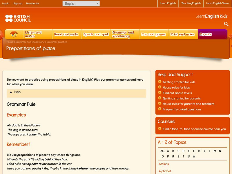 British Council: Prepositions of Place Website British Council: Prepositions of Place Website