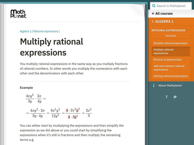 Math Planet: Algebra 1: Rational Expressions: Multiply Rational Expressions eBook