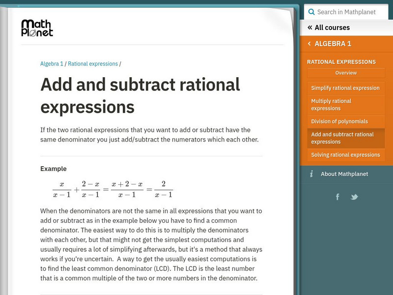 Math Planet: Algebra 1: Add and Subtract Rational Expressions eBook Math Planet: Algebra 1: Add and Subtract Rational Expressions eBook