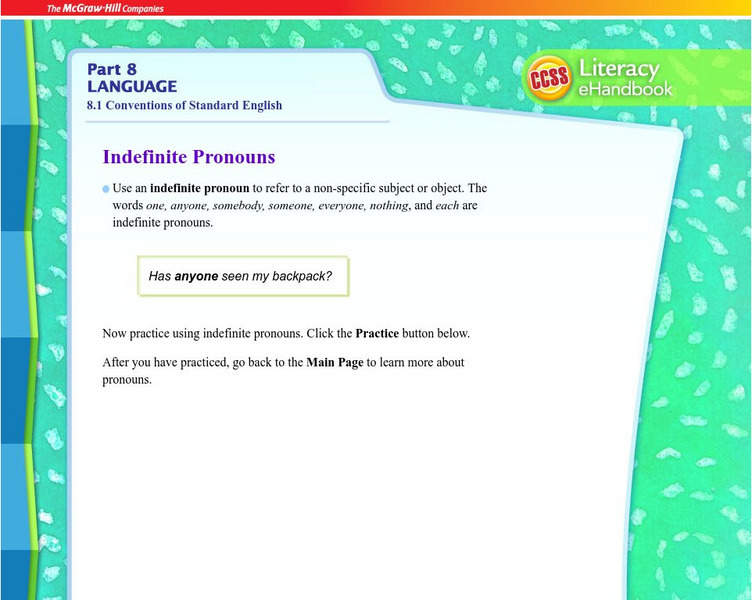 Mc Graw Hill: Part 8 Language: Indefinite Pronouns Handout Mc Graw Hill: Part 8 Language: Indefinite Pronouns Handout