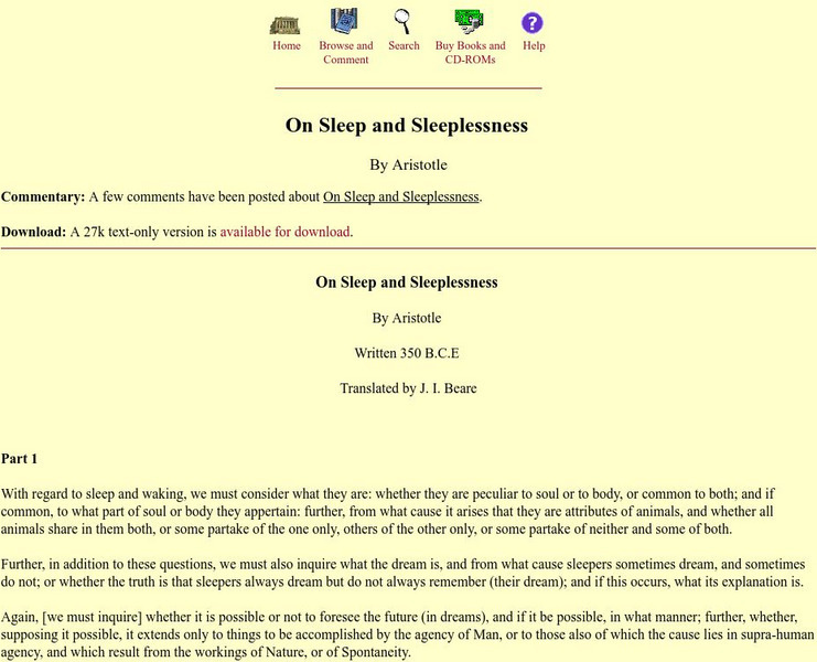 Mit: Internet Classics Archive: On Sleep and Sleeplessness Primary Mit: Internet Classics Archive: On Sleep and Sleeplessness Primary