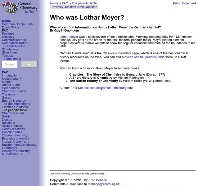 General Chemistry Online: Who Was Lothar Meyer? Website