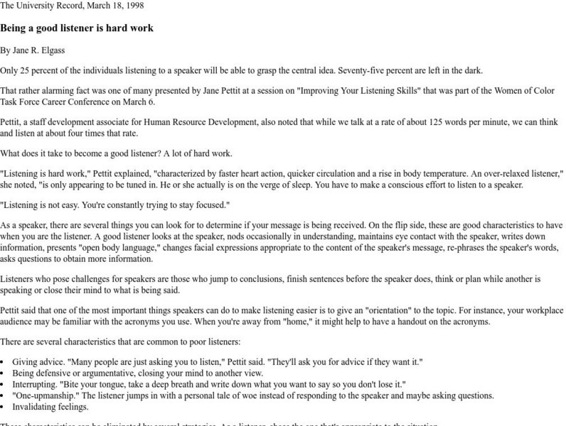 University of Michigan: Being a Good Listener Is Hard Work Article