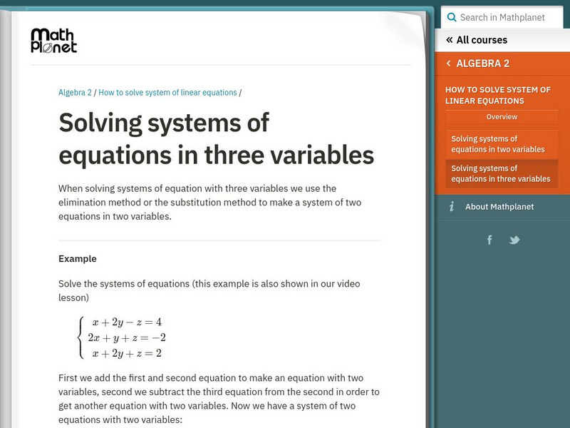 Math Planet: Algebra 2: Solving Systems of Equations in Three Variables Handout Math Planet: Algebra 2: Solving Systems of Equations in Three Variables Handout