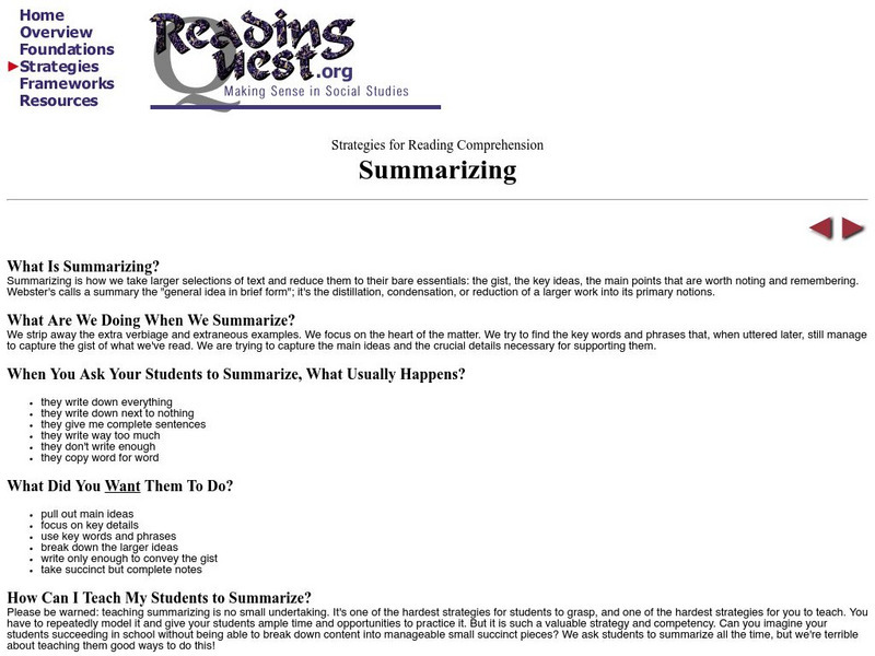 Reading Quest: Strategies for Reading Comprehension: Summarizing Unit Plan
