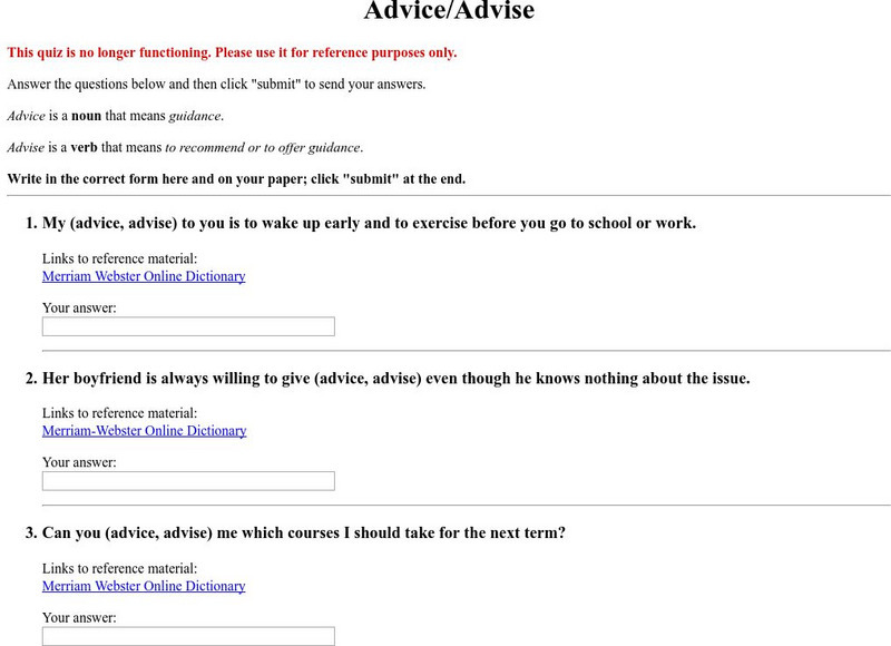 University of Hawaii: Quiz Maker: Advice/advise Unit Plan
