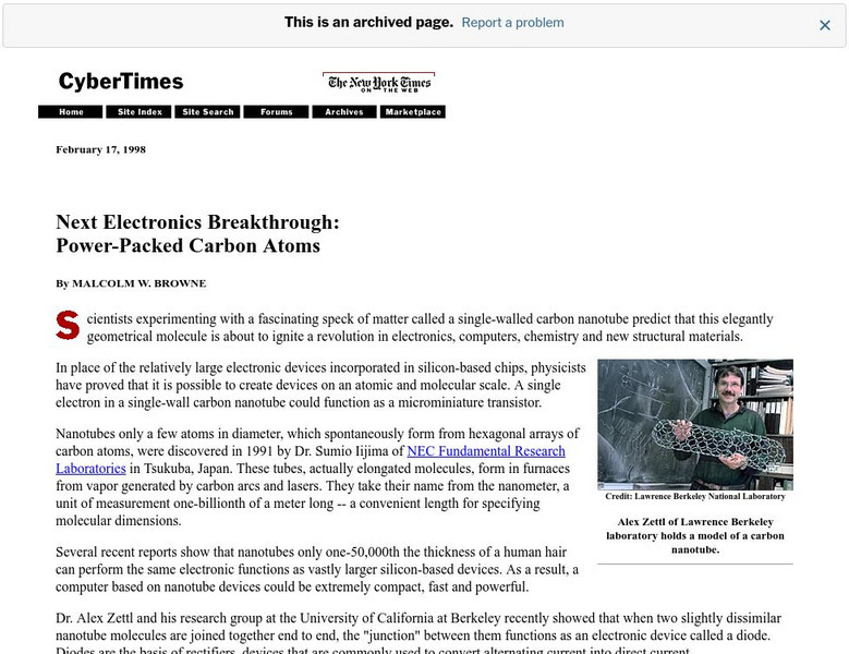 New York Times: Cyber Times: Next Electronics Breakthrough: Power Packed Carbon Atoms Article New York Times: Cyber Times: Next Electronics Breakthrough: Power Packed Carbon Atoms Article