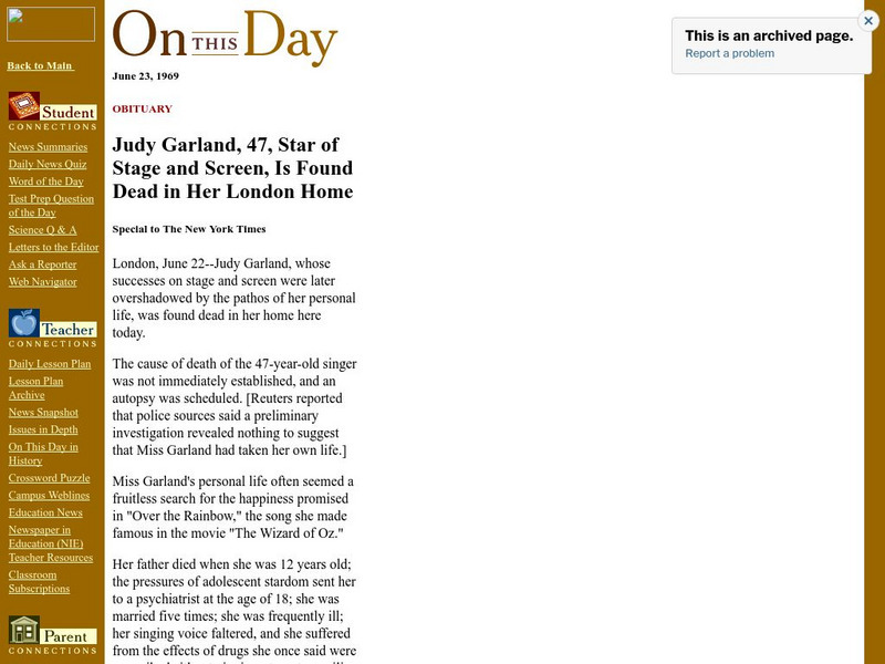 New York Times: On This Day: Judy Garland Article New York Times: On This Day: Judy Garland Article