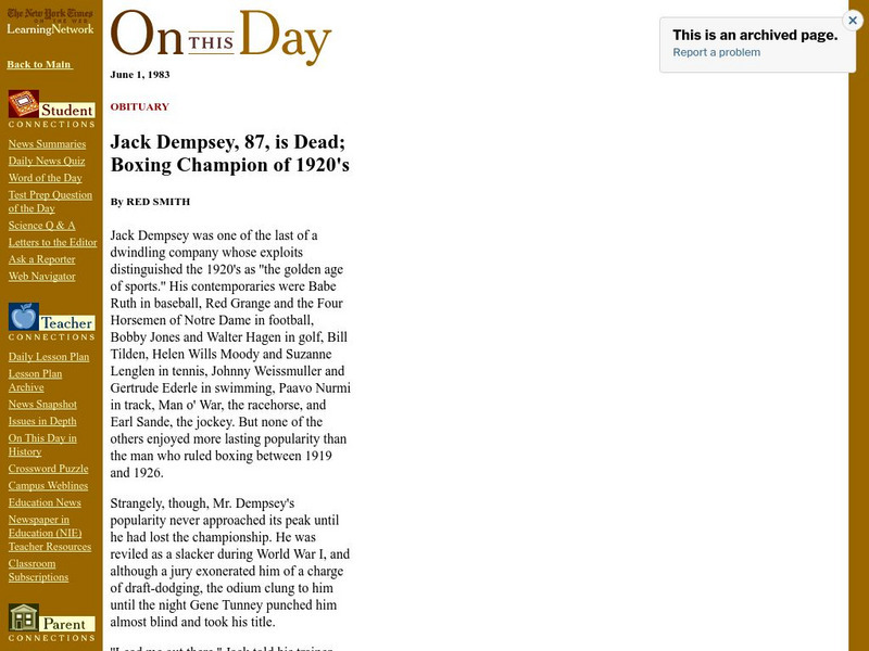 New York Times: On This Day: Jack Dempsey, 87, Is Dead; Boxing Champion of 1920's Article New York Times: On This Day: Jack Dempsey, 87, Is Dead; Boxing Champion of 1920's Article
