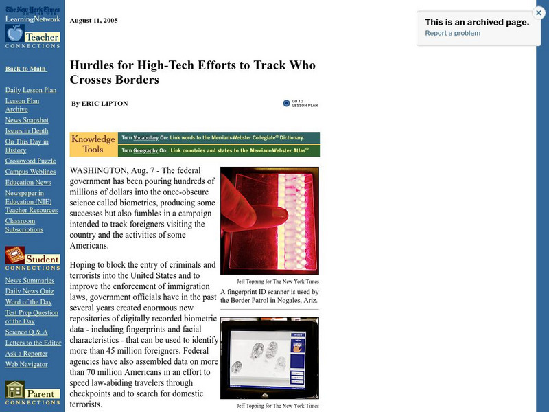 New York Times: Biometrics to Track Who Crosses Borders Article New York Times: Biometrics to Track Who Crosses Borders Article