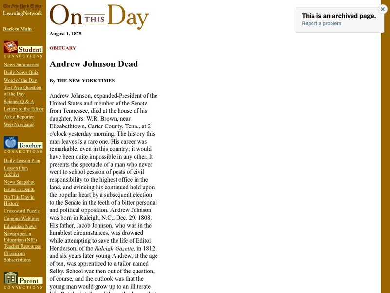 New York Times: On This Day: Andrew Johnson Dead Article New York Times: On This Day: Andrew Johnson Dead Article
