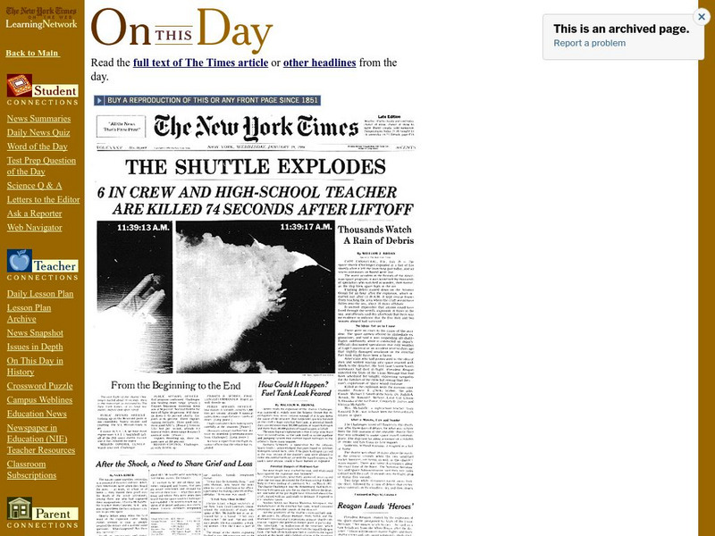 New York Times: On This Day: On This Day: The Shuttle Explodes Article New York Times: On This Day: On This Day: The Shuttle Explodes Article