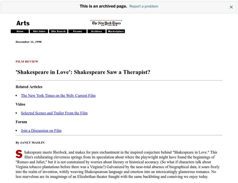 New York Times: "Shakespeare in Love" Movie Review Website New York Times: "Shakespeare in Love" Movie Review Website