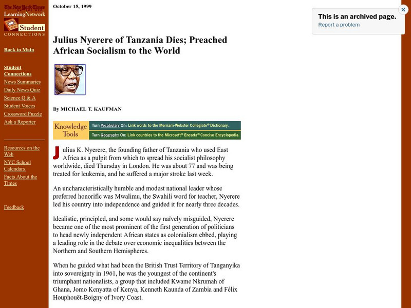 New York Times: Julius Nyerere of Tanzania Dies Website New York Times: Julius Nyerere of Tanzania Dies Website