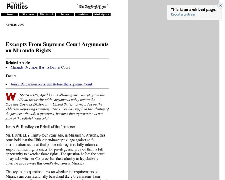 New York Times: Excerpts From Supreme Court Arguments on Miranda Primary New York Times: Excerpts From Supreme Court Arguments on Miranda Primary