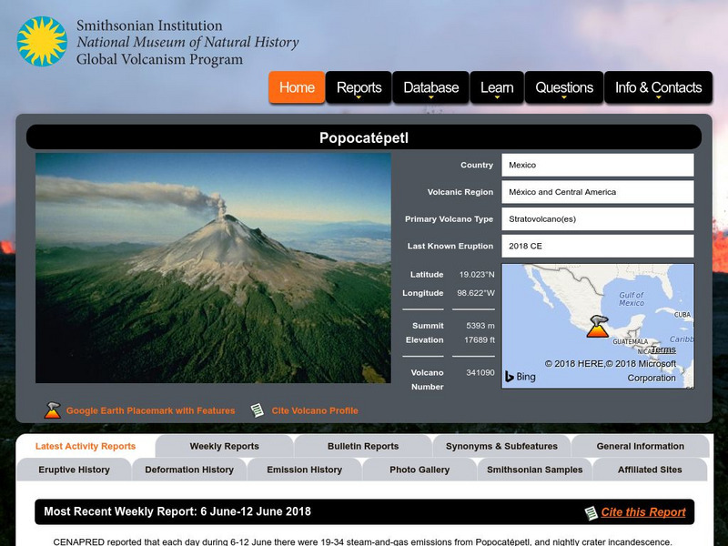 National Museum of Natural History: Global Volcanism Program: Popocatepetl Mexico Website National Museum of Natural History: Global Volcanism Program: Popocatepetl Mexico Website