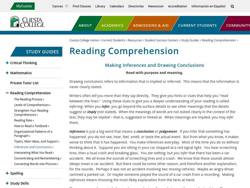 Cuesta College: Reading Comprehension Guide: Inferences and Conclusions eBook Cuesta College: Reading Comprehension Guide: Inferences and Conclusions eBook
