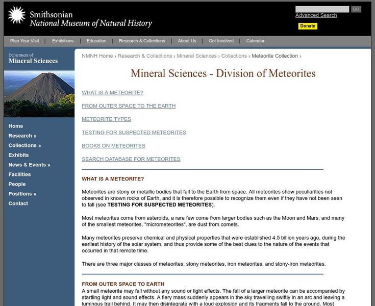 National Museum of Natural History: Mineral Science: Division of Meteorites Handout National Museum of Natural History: Mineral Science: Division of Meteorites Handout
