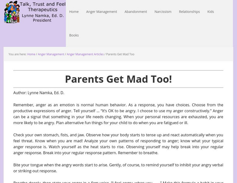 Talk, Trust and Feel Therapeutics: Anger Management: Parents Get Mad Too! Article