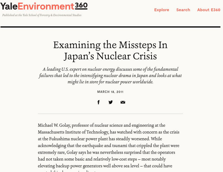Yale Environment 360: Examining the Missteps in Japan's Nuclear Crisis Article Yale Environment 360: Examining the Missteps in Japan's Nuclear Crisis Article