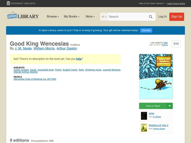 Open Library: Good King Wenceslas by J. M. Neale Primary