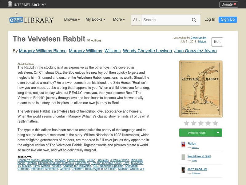 Open Library: Velveteen Rabbit by Margery Williams Bianco Primary