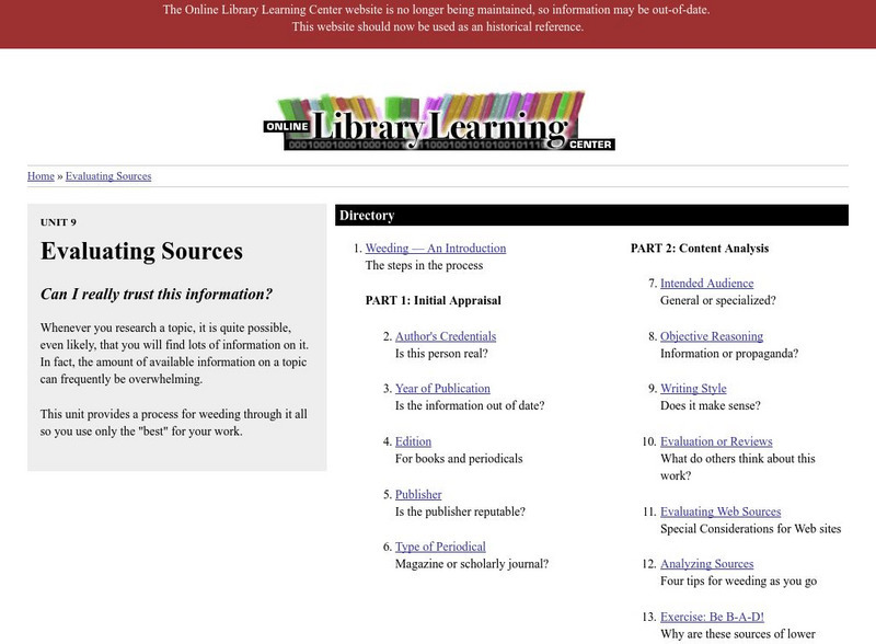 Online Library Learning Center: Evaluating Sources Activity Online Library Learning Center: Evaluating Sources Activity