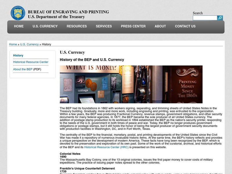 U.s. Treasury: History of u.s. Currency Website