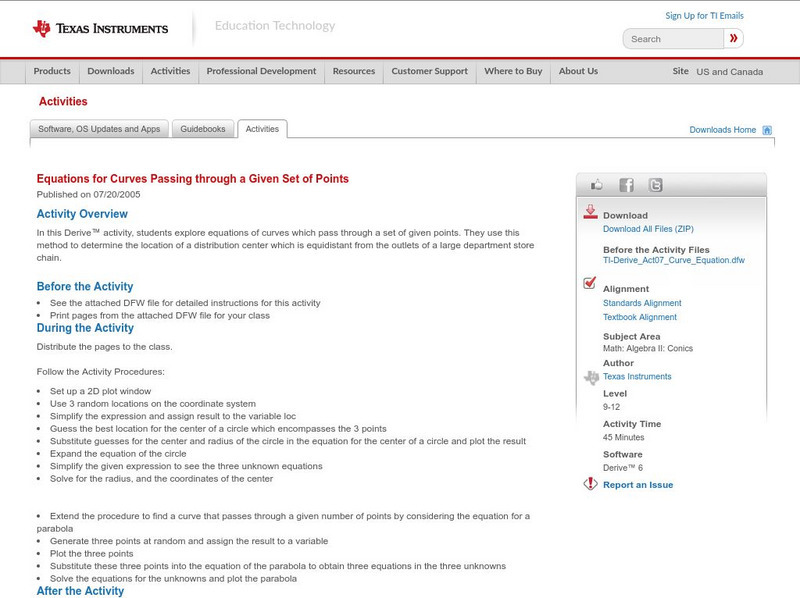 Texas Instruments: Equations for Curves Passing Through a Given Set of Points Activity