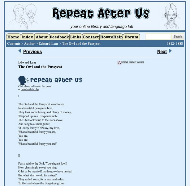 Repeat After Us: "The Owl and the Pussycat" by Edward Lear Activity Repeat After Us: "The Owl and the Pussycat" by Edward Lear Activity