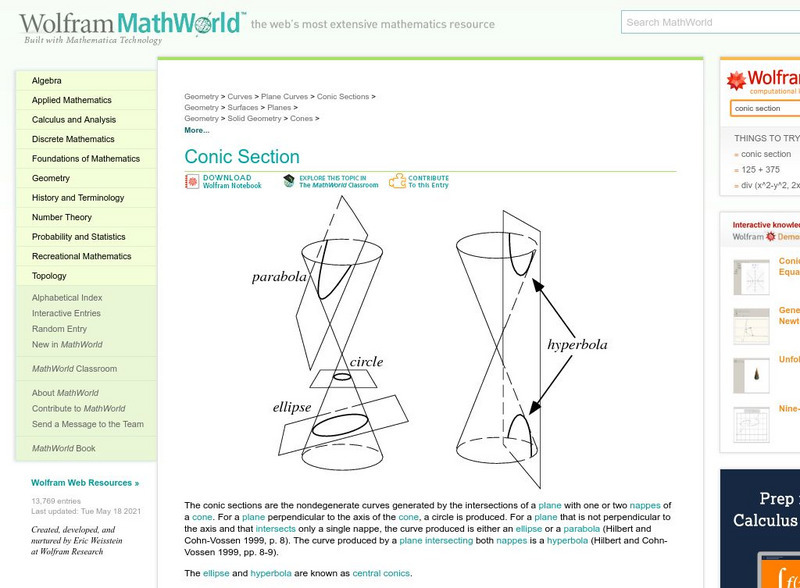Wolfram Math World: Conic Sections Handout Wolfram Math World: Conic Sections Handout
