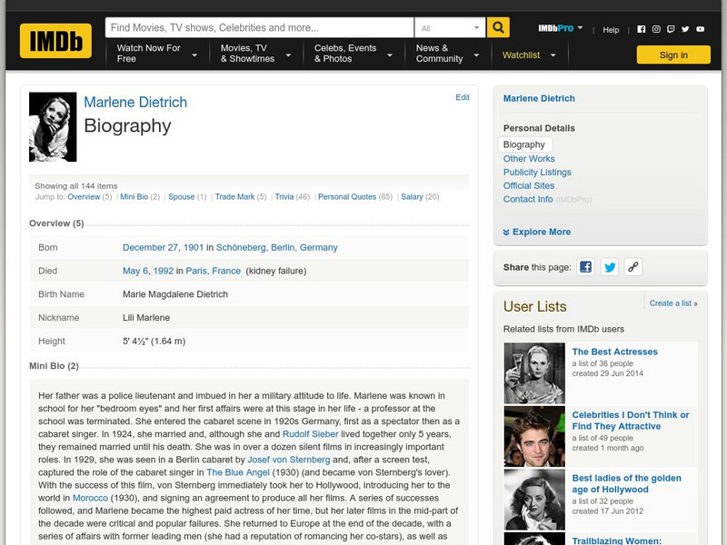 Internet Movie Databaste: Biography/marlene Dietrich Website