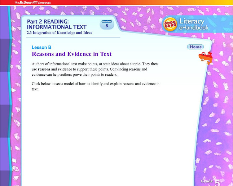 Mc Graw Hill: Part 2 Reading: Informational Text: Reasons and Evidence in Text Unit Plan Mc Graw Hill: Part 2 Reading: Informational Text: Reasons and Evidence in Text Unit Plan