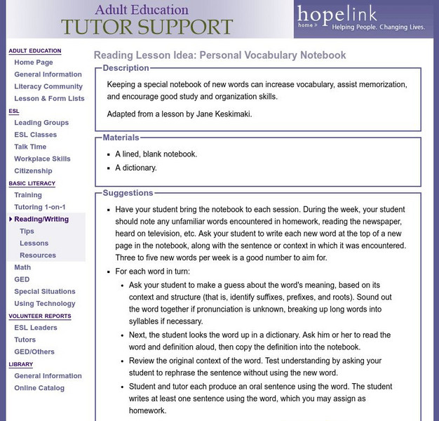Hopelink: Reading Lesson Idea: Personal Vocabulary Notebook Lesson Plan Hopelink: Reading Lesson Idea: Personal Vocabulary Notebook Lesson Plan