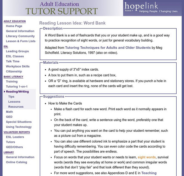 Word Bank Lesson Plan: Eastside Literacy Program Lesson Plan Word Bank Lesson Plan: Eastside Literacy Program Lesson Plan