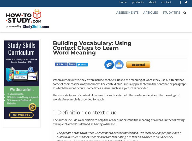 How to Study: Building Vocabulary: Using Context Clues to Learn Word Meaning Handout