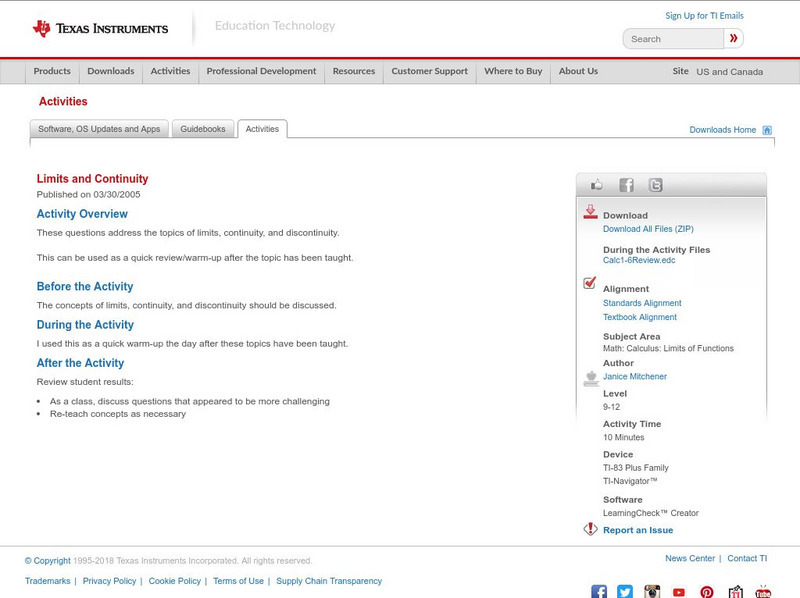 Texas Instruments: Limits and Continuity Activity