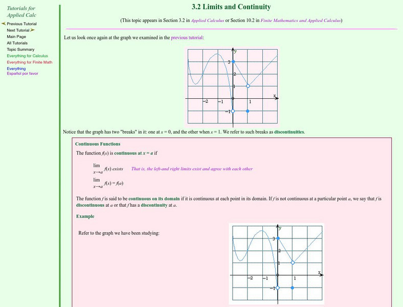Finite Mathematics & Applied Calculus: Limits and Continuity Graphic Finite Mathematics & Applied Calculus: Limits and Continuity Graphic