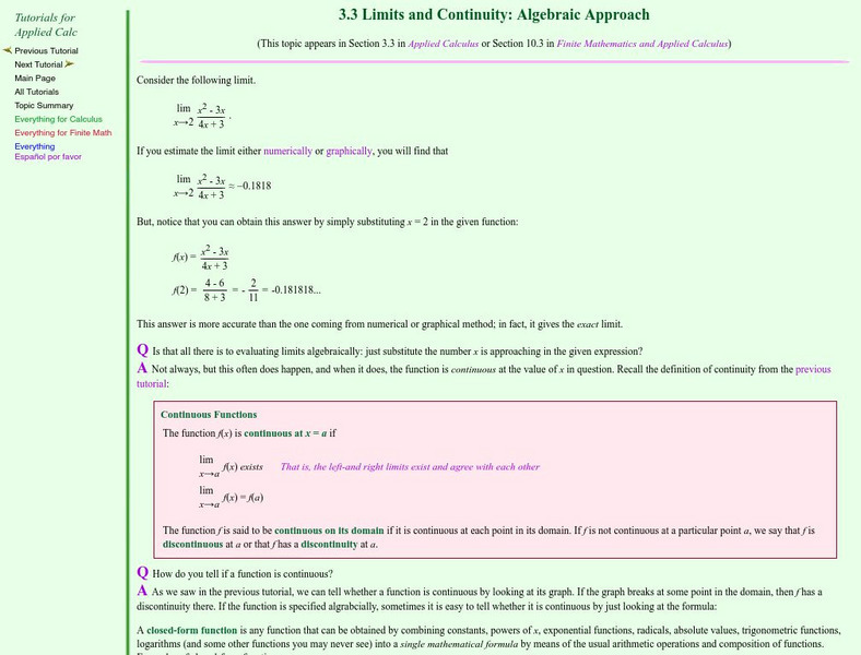 Finite Mathematics & Applied Calculus: Limits and Continuity: Algebraic Approach Activity