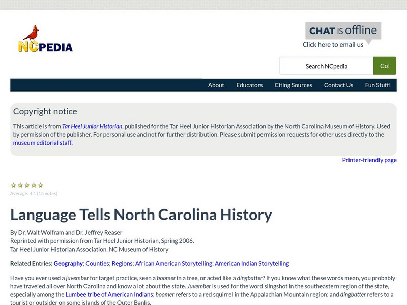 N Cpedia: Dr. Wolfram & Dr. Reaser: Language Tells North Carolina History Handout N Cpedia: Dr. Wolfram & Dr. Reaser: Language Tells North Carolina History Handout